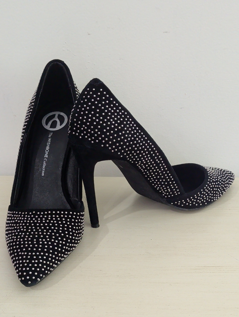 The Wishbone Collection Black Suede Stiletto Heels With Metal Studs Size 7